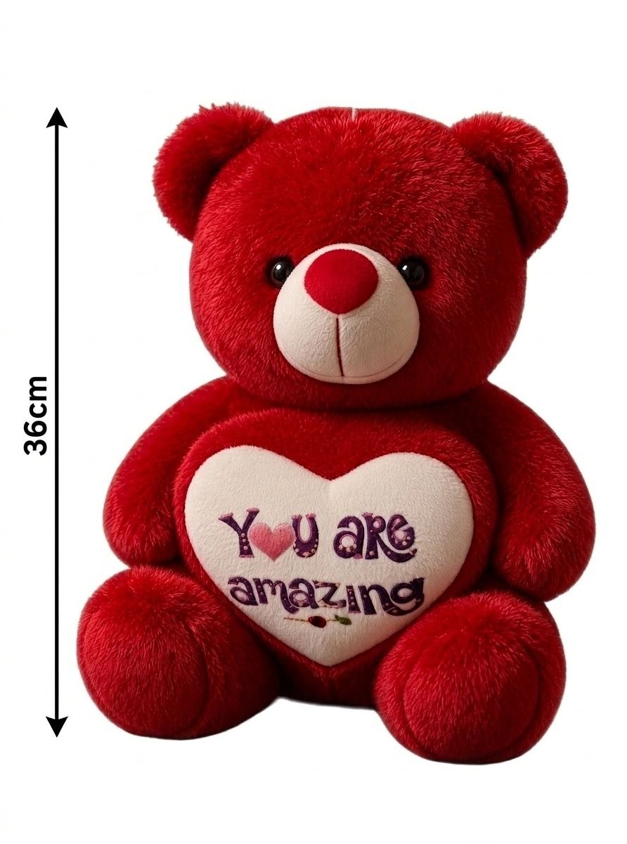 Premium Red Stuffed Teddy Bear with "You Are Amazing" Heart | Soft & Cuddly Plush Toy for Gifting (36 cm)
