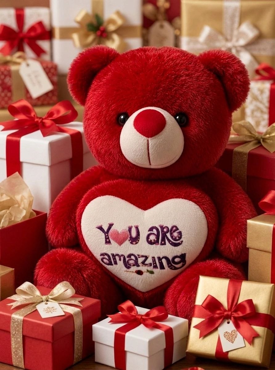 Premium Red Stuffed Teddy Bear with "You Are Amazing" Heart | Soft & Cuddly Plush Toy for Gifting (36 cm)