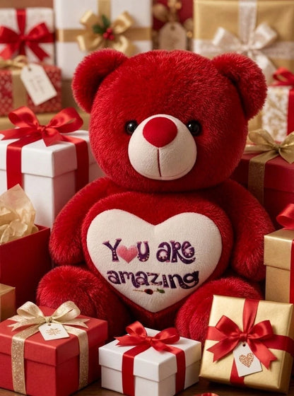 Premium Red Stuffed Teddy Bear with "You Are Amazing" Heart | Soft & Cuddly Plush Toy for Gifting (36 cm)