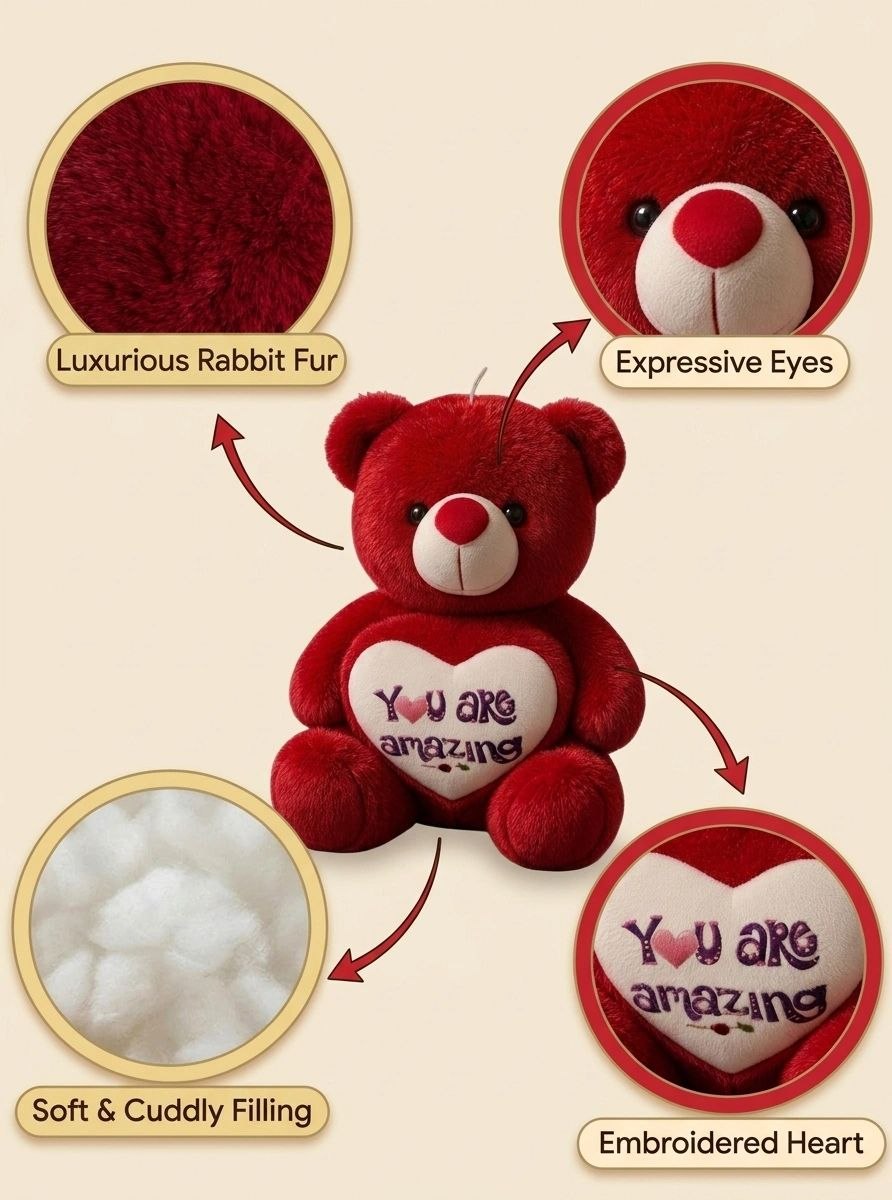 Premium Red Stuffed Teddy Bear with "You Are Amazing" Heart | Soft & Cuddly Plush Toy for Gifting (36 cm)