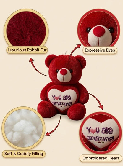 Premium Red Stuffed Teddy Bear with "You Are Amazing" Heart | Soft & Cuddly Plush Toy for Gifting (36 cm)