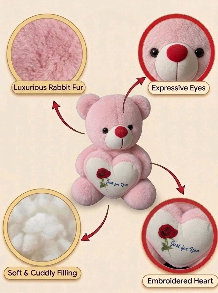 Premium Pink Stuffed Teddy Bear with "Just for You" Rose Heart | Soft & Cuddly Plush Toy for Gifting (36 cm)