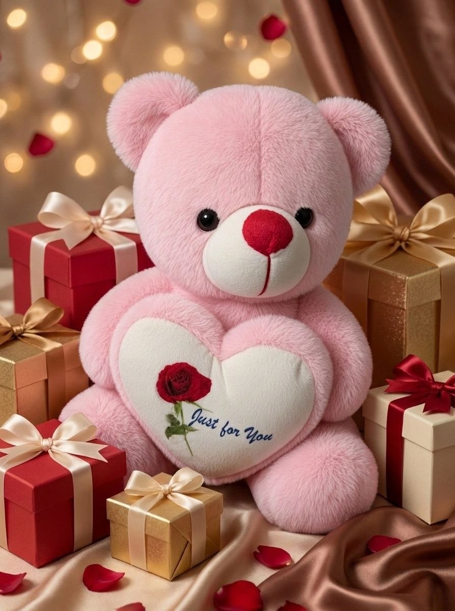 Premium Pink Stuffed Teddy Bear with "Just for You" Rose Heart | Soft & Cuddly Plush Toy for Gifting (36 cm)