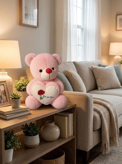 Premium Pink Stuffed Teddy Bear with "Just for You" Rose Heart | Soft & Cuddly Plush Toy for Gifting (36 cm)