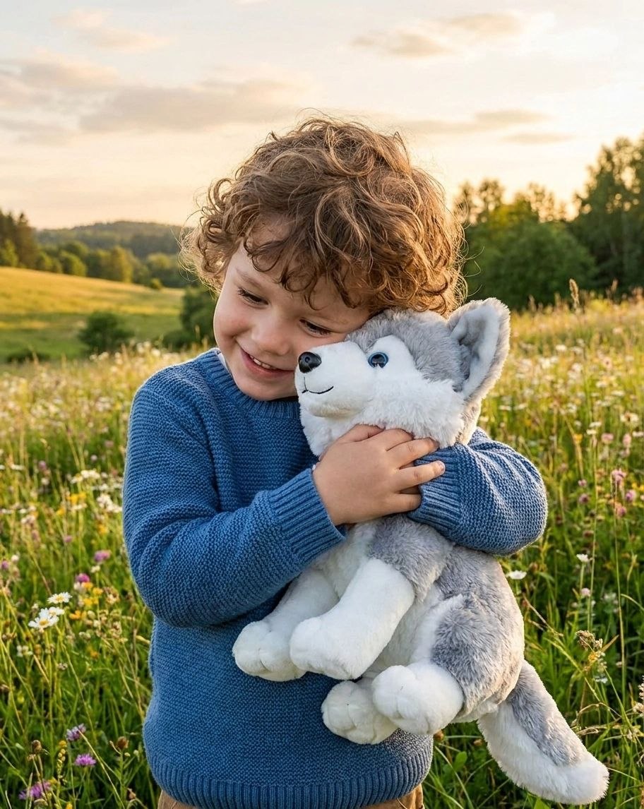 Premium Siberian Husky Stuffed Toy with Fluffy Tail & Realistic Ears | Soft Plush Toy (32 cm)