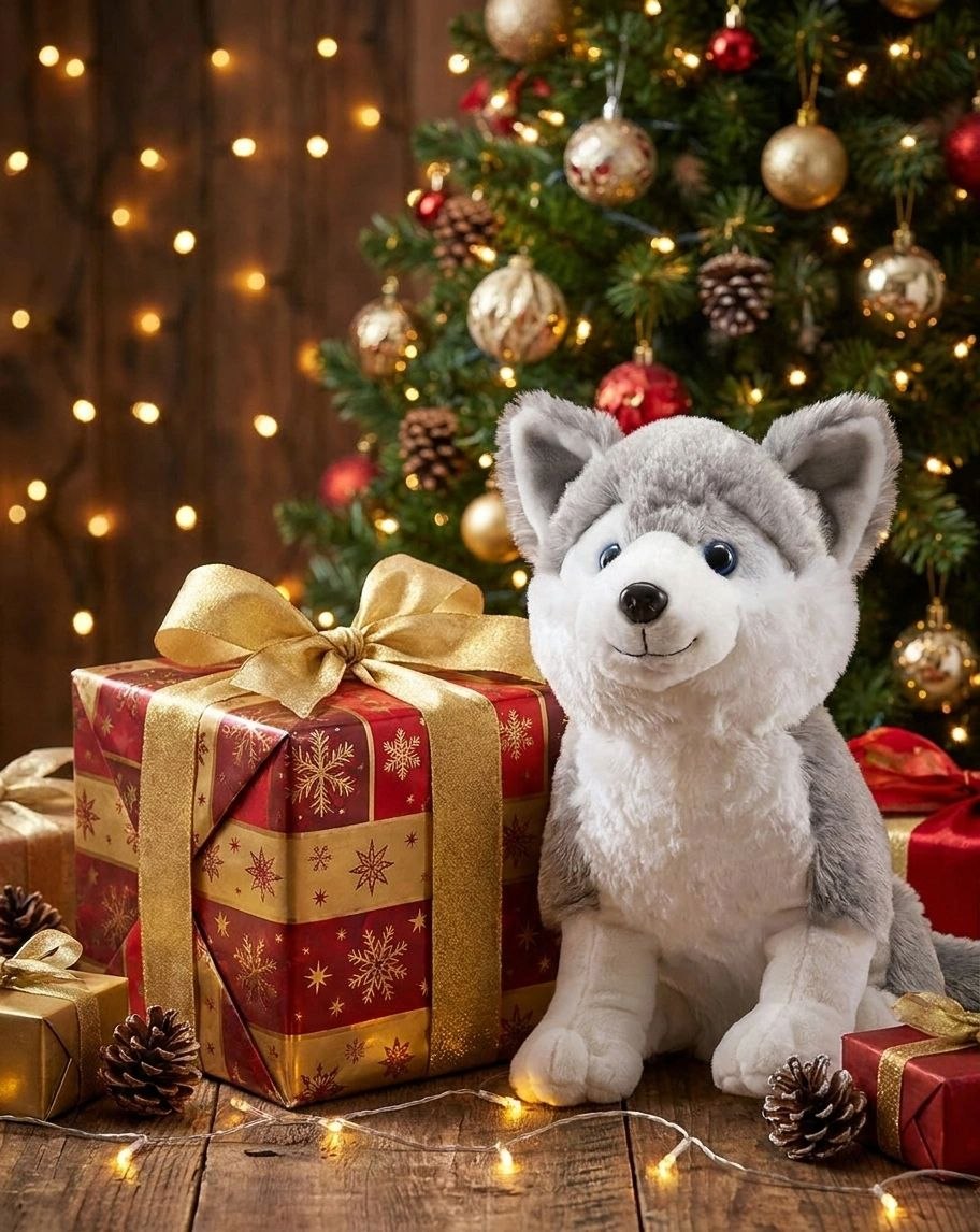 Premium Siberian Husky Stuffed Toy with Fluffy Tail & Realistic Ears | Soft Plush Toy (32 cm)