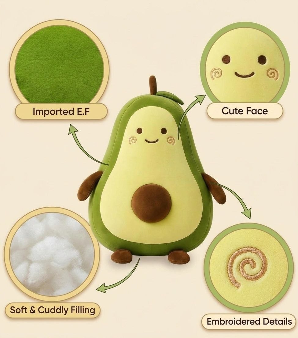 Adorable Avocado Stuffed Toy with Cute Face & Big Seed | Soft Cuddle & Fruit Plush Pillow