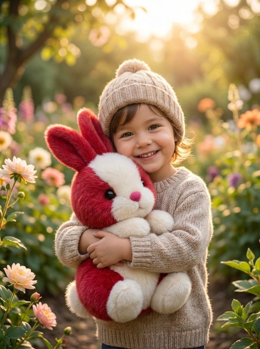 Adorable Red & White Bunny Rabbit Stuffed Toy with Long Ears & Pink Nose | Soft Cuddle & Kids Play Plush Animal