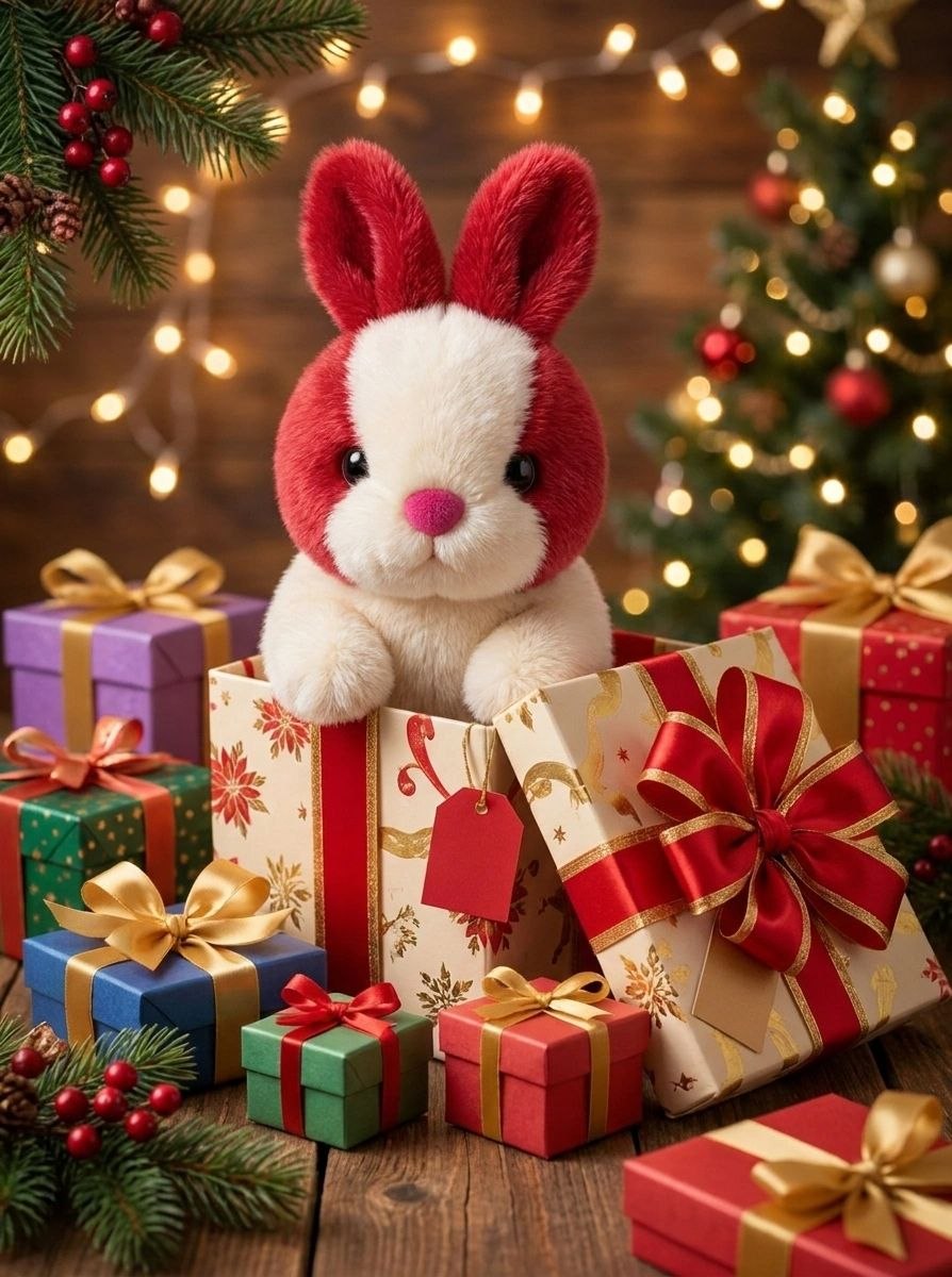 Adorable Red & White Bunny Rabbit Stuffed Toy with Long Ears & Pink Nose | Soft Cuddle & Kids Play Plush Animal