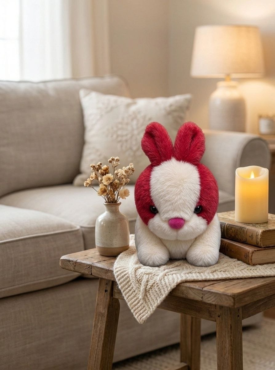 Adorable Red & White Bunny Rabbit Stuffed Toy with Long Ears & Pink Nose | Soft Cuddle & Kids Play Plush Animal