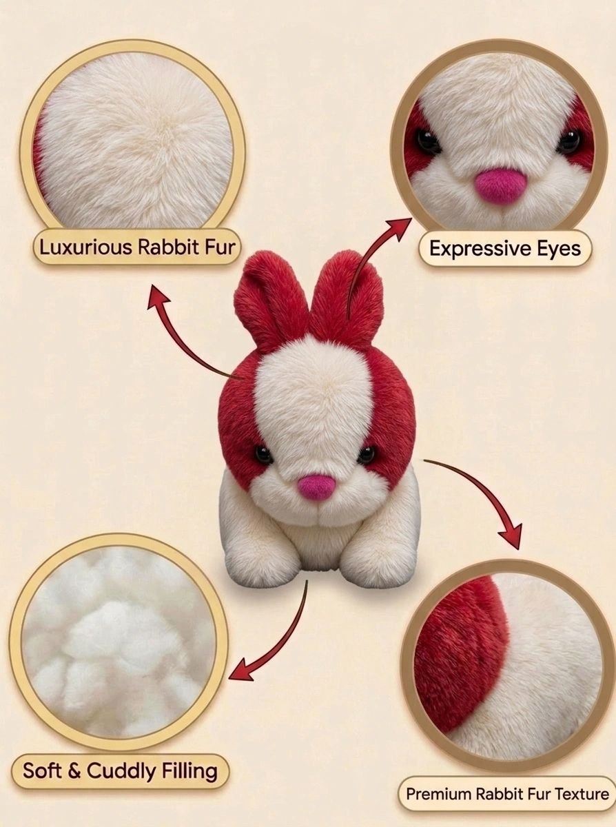 Adorable Red & White Bunny Rabbit Stuffed Toy with Long Ears & Pink Nose | Soft Cuddle & Kids Play Plush Animal