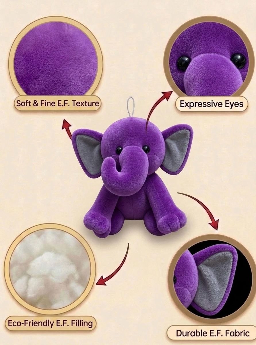 Premium Purple & Grey Elephant Stuffed Toy with Soft E.F. Fabric & Cute Expressive Eyes | Huggable Plush Animal