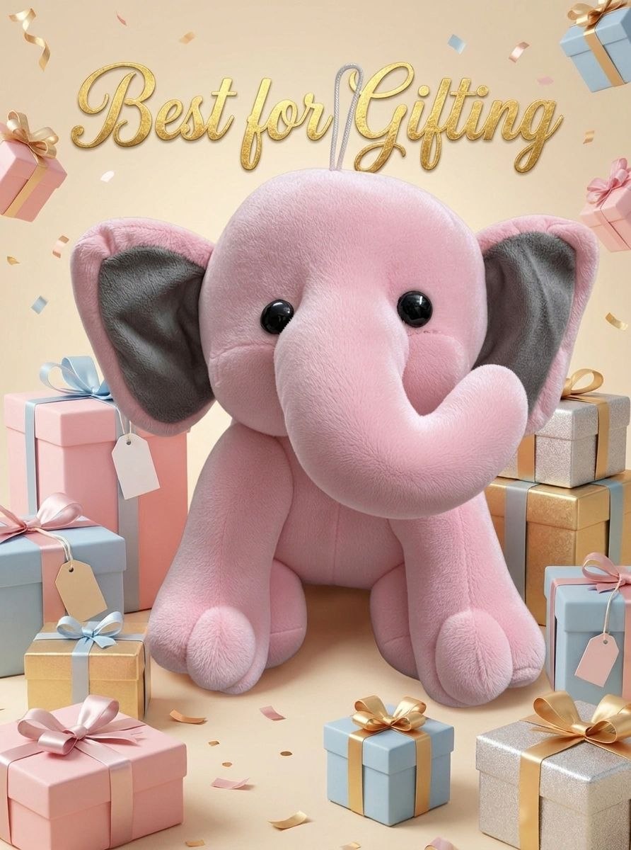 Premium Baby Pink & Grey Elephant Stuffed Toy with Soft E.F. Fabric & Cute Expressive Eyes | Huggable Plush Animal